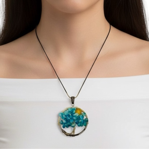 Tree of Life Turquoise Gemstone Beads Pendant Wire Wrapped Silver Chain Necklace - Picture 2 of 7